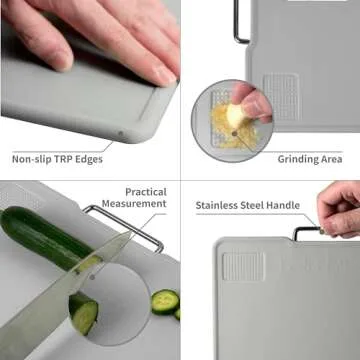 KOFRAND Plastic Cutting Boards with Grinding Area and Measurement, Cutting Boards for Kitchen Dishwasher Safe, Set of 3 with Holder, Non-Slip Design, Stainless Steel Handle, Pink