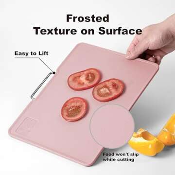 KOFRAND Plastic Cutting Boards with Grinding Area and Measurement, Cutting Boards for Kitchen Dishwasher Safe, Set of 3 with Holder, Non-Slip Design, Stainless Steel Handle, Pink