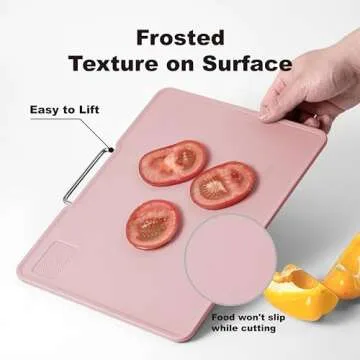 KOFRAND Plastic Cutting Boards with Grinding Area and Measurement, Cutting Boards for Kitchen Dishwasher Safe, Set of 3 with Holder, Non-Slip Design, Stainless Steel Handle, Pink