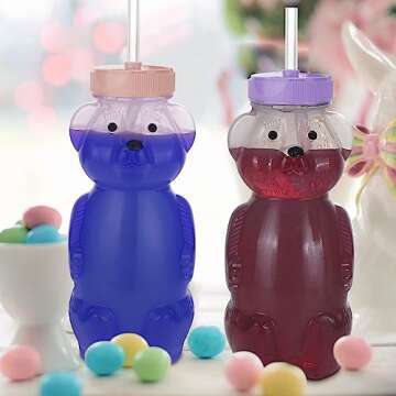 Honey Bear Straw Cups, Juice Bear Bottle Drinking Cup Long Straws with 4 Flexible Straws & Cleaning Tools, 8-Ounce Therapy Sippy Bottles for Speech and Feeding Training, Food-Grade & BPA Free 2 Pack