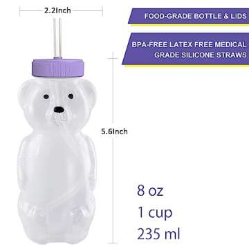 Honey Bear Straw Cups, Juice Bear Bottle Drinking Cup Long Straws with 4 Flexible Straws & Cleaning Tools, 8-Ounce Therapy Sippy Bottles for Speech and Feeding Training, Food-Grade & BPA Free 2 Pack