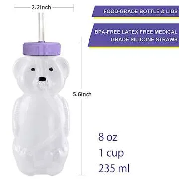 Honey Bear Straw Cups, Juice Bear Bottle Drinking Cup Long Straws with 4 Flexible Straws & Cleaning Tools, 8-Ounce Therapy Sippy Bottles for Speech and Feeding Training, Food-Grade & BPA Free 2 Pack