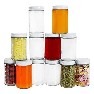 Suwimut 12 Pack Glass Jars With Lids, 12 oz Wide Mouth Straight Sided Glass Storage Mason Canning Jars with White Metal Lids for Pickles and Kitchen Storage Jelly, Jams, Honey, Caviar, Herb, Dry Food