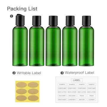 owlyee 3.4 oz Travel Bottles for Toiletries, Empty Travel Size Containers Tsa Approved, 5PCS Small Plastic Shampoo Bottles with Labels (100ml, Green)