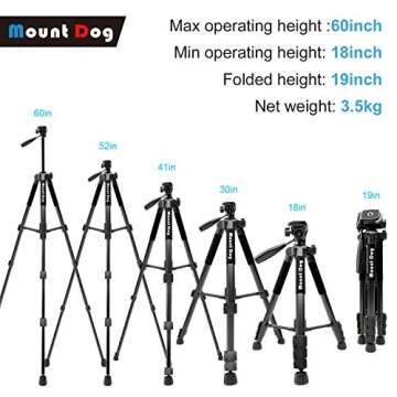 MOUNTDOG Camera Tripod 60" Aluminum Alloy Lightweight Tripod for Camera Stand & Monopod Compact for Travel with 360° Panorama and Quick Release Plates for Canon Nikon DSLR Video Shooting - Black