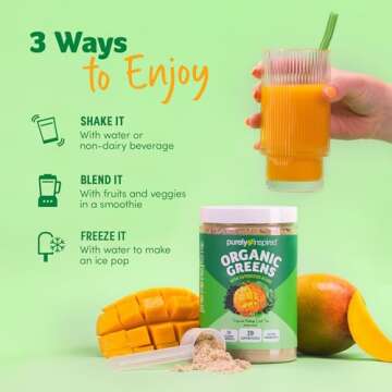 Purely Inspired Organic Green Powder Smoothie Mix, Tropical Mango Iced Tea Flavor (30 Servings) - Probiotics for Digestive Health with Spirulina & Chlorella for Gut Health - Vegan & Gluten-Free