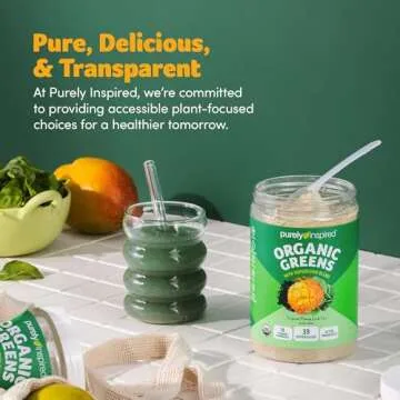 Purely Inspired Organic Green Powder Smoothie Mix, Tropical Mango Iced Tea Flavor (30 Servings) - Probiotics for Digestive Health with Spirulina & Chlorella for Gut Health - Vegan & Gluten-Free