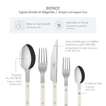 SABRE PARIS - 5-Piece Flatware Set - Bistrot Collection - Knife, Fork, Soup Spoon, Teaspoon & Desser...