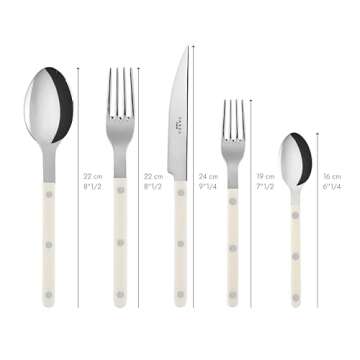 SABRE PARIS - 5-Piece Flatware Set - Bistrot Collection - Knife, Fork, Soup Spoon, Teaspoon & Dessert Fork - Stainless Steel & Nylon - Dishwasher Safe - Ivory - Brilliant Finish