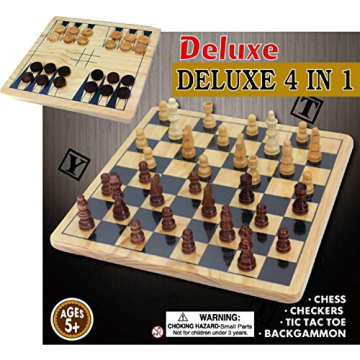Deluxe 4-in-1 Wooden Board Game Set for Family Fun