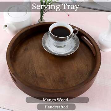 CLEENTABLE Rustic Walnut Mango Wood 12" Round Serving Tray – Handcrafted Multi-Functional Centerpi...