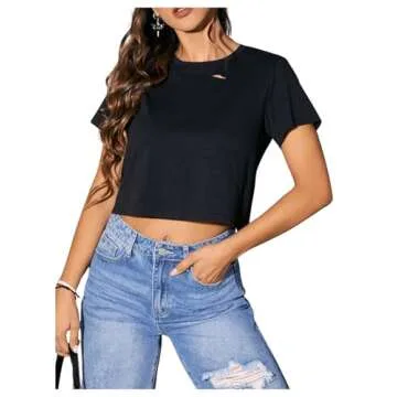 SweatyRocks Women's Summer Short Sleeve Tee Distressed Ripped Crop T-Shirt Tops