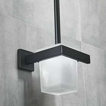 Toilet Brush with Holder Wall Mounted Matte Black, NEWRAIN Modern Bathroom Toilet Brush with Holder Stainless Steel Holder Glass Canister with Toilet Brush Toilet Brush Holder Set