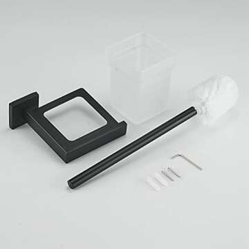 Toilet Brush with Holder Wall Mounted Matte Black, NEWRAIN Modern Bathroom Toilet Brush with Holder Stainless Steel Holder Glass Canister with Toilet Brush Toilet Brush Holder Set