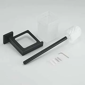 Toilet Brush with Holder Wall Mounted Matte Black, NEWRAIN Modern Bathroom Toilet Brush with Holder Stainless Steel Holder Glass Canister with Toilet Brush Toilet Brush Holder Set