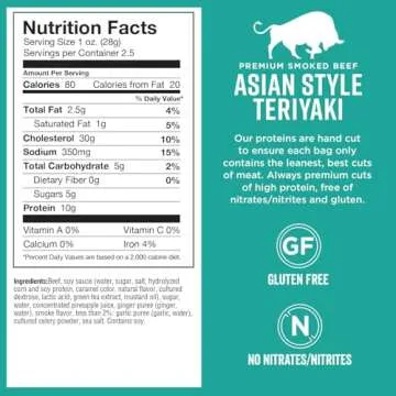 Chef's Cut Beef Jerky, Teriyaki, High Protein Meat Snack, 10g of Protein and 80 Calories, Gluten Free, Premium Lean Smoked Beef - 2.5 Ounce (Pack of 8)