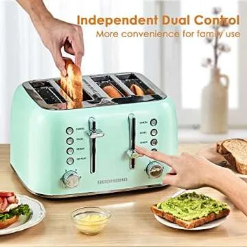 REDMOND Toaster 4 Slice, Retro Stainless Steel Toaster with Extra Wide Slots Bagel, Defrost, Reheat Function, Dual Independent Control Panel, 6 Shade Settings and High Lift Lever, Aqua Green