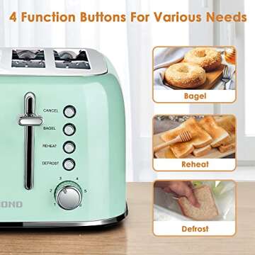 REDMOND Toaster 4 Slice, Retro Stainless Steel Toaster with Extra Wide Slots Bagel, Defrost, Reheat Function, Dual Independent Control Panel, 6 Shade Settings and High Lift Lever, Aqua Green