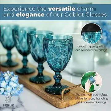 Greenline Goods Navy Blue Goblet Glasses - Set Of 4 (10 oz) Vintage Water, Wine, Drink Glassware Set - Modern Diamond Textured Drinking Glasses - Unique Embossed Pattern - Unique Stemmed Glassware
