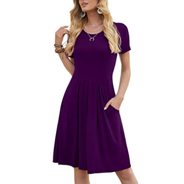 DouBCQ Women's Casual Short Sleeve Flowy Pleated Dress with Pockets - (0-Purple, S)