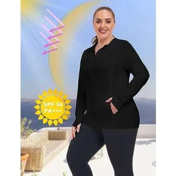 COOTRY Women's Plus Size UPF 50+ Sun Protection Jacket Lightweight Long Sleeve Zip Up Hoodie Cooling Sun Shirt Hiking Workout Black 3XL