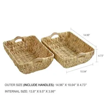 FairyHaus Wicker Baskets with Handles, Natural Wicker Basket for Organizing Shelves, Small Hand Woven Water Hyacinth Storage Baskets Set of 2, 14.96x10.04x4.73
