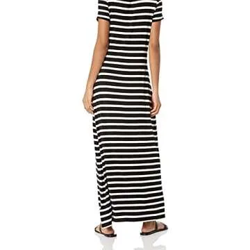 Amazon Essentials Women's Short-Sleeve Maxi Dress, Black White French Stripe, Medium