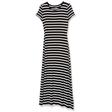 Amazon Essentials Women's Short-Sleeve Maxi Dress, Black White French Stripe, Medium