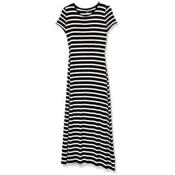 Amazon Essentials Women's Short-Sleeve Maxi Dress, Black White French Stripe, Medium