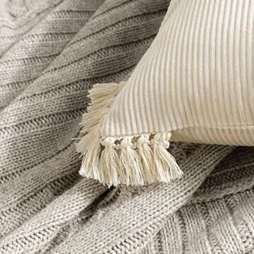 Phantoscope Pack of 2 Corduroy Pillow Covers Decorative Striped Velvet Throw Pillows with Cotton Tassels Soft Cushion Covers Pillowcases, Off White 20 x 20 Inches