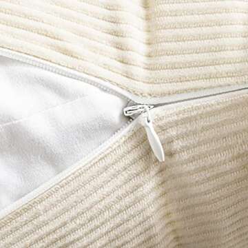 Phantoscope Pack of 2 Corduroy Pillow Covers Decorative Striped Velvet Throw Pillows with Cotton Tassels Soft Cushion Covers Pillowcases, Off White 20 x 20 Inches