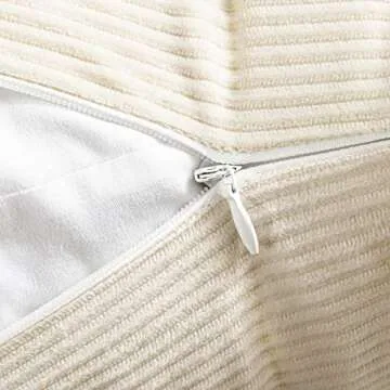 Phantoscope Pack of 2 Corduroy Pillow Covers Decorative Striped Velvet Throw Pillows with Cotton Tassels Soft Cushion Covers Pillowcases, Off White 20 x 20 Inches