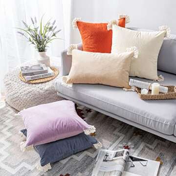 Phantoscope Pack of 2 Corduroy Pillow Covers Decorative Striped Velvet Throw Pillows with Cotton Tassels Soft Cushion Covers Pillowcases, Off White 20 x 20 Inches