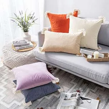 Phantoscope Pack of 2 Corduroy Pillow Covers Decorative Striped Velvet Throw Pillows with Cotton Tassels Soft Cushion Covers Pillowcases, Off White 20 x 20 Inches