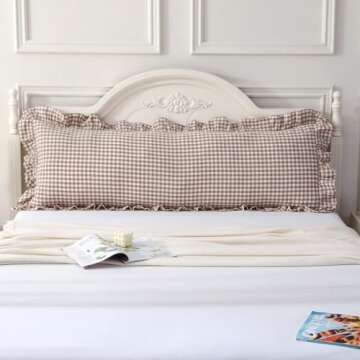 Silnuo Taupe/White Plaid Ruffled Body Pillow Cover Washed Cotton Farmhouse Checkered Gingham 1 Piece...