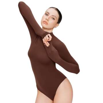 REORIA Women's Long Sleeve Bodysuits Mock Turtleneck Slim Tight Double Lined Basic Layering Body Suits Tops Fall Winter Outfits 2024(Brown X-Small)