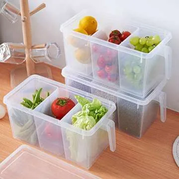 MineSign 2 Pack Plastic Divided Veggie Storage Containers with Lids and Handles for Fridge Storage Organizer Boxes for Refrigerator Produce Beans Fruits Organzation