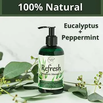 Refresh Massage Oil for Massage Therapy with Eucalyptus & Peppermint Essential Oils - All Natural Sore Muscle Relief. Ideal for Full Body Relaxation – Nut Free Formula 8oz