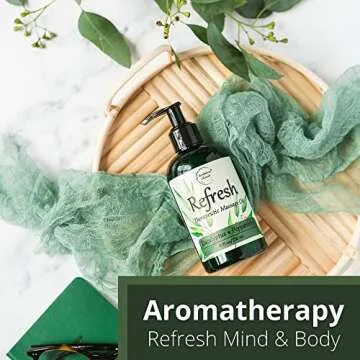 Refresh Massage Oil for Massage Therapy with Eucalyptus & Peppermint Essential Oils - All Natural Sore Muscle Relief. Ideal for Full Body Relaxation – Nut Free Formula 8oz