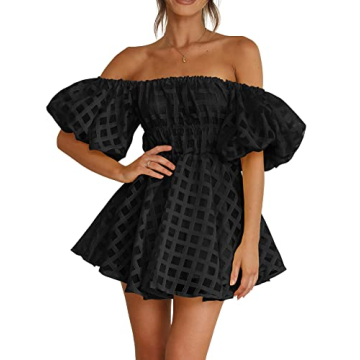 PRETTYGARDEN Women's Off The Shoulder Babydoll Dress Short Puff Sleeve Casual A Line Ruffle Summer Dresses
