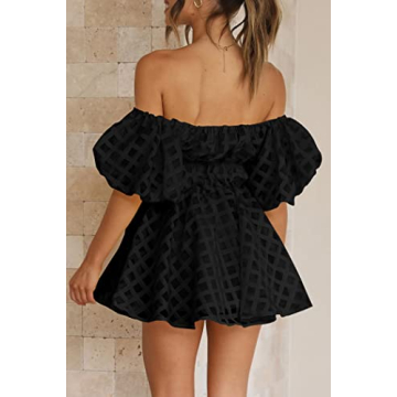 PRETTYGARDEN Women's Off The Shoulder Babydoll Dress Short Puff Sleeve Casual A Line Ruffle Summer Dresses