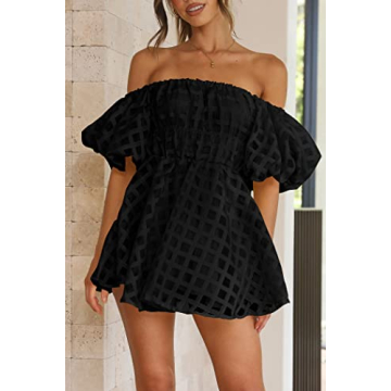 PRETTYGARDEN Women's Off The Shoulder Babydoll Dress Short Puff Sleeve Casual A Line Ruffle Summer Dresses