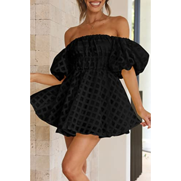 PRETTYGARDEN Women's Off The Shoulder Babydoll Dress Short Puff Sleeve Casual A Line Ruffle Summer Dresses