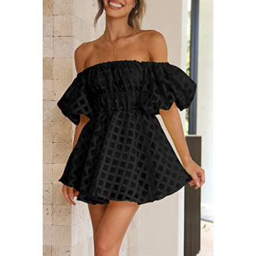 PRETTYGARDEN Women's Off The Shoulder Babydoll Dress Short Puff Sleeve Casual A Line Ruffle Summer Dresses