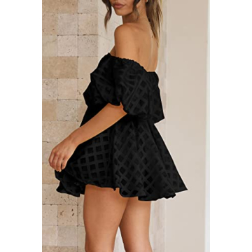 PRETTYGARDEN Women's Off The Shoulder Babydoll Dress Short Puff Sleeve Casual A Line Ruffle Summer Dresses