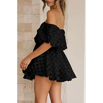 PRETTYGARDEN Women's Off The Shoulder Babydoll Dress Short Puff Sleeve Casual A Line Ruffle Summer Dresses
