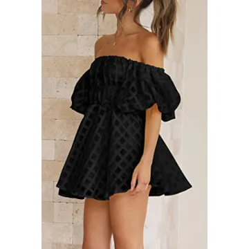 PRETTYGARDEN Women's Off The Shoulder Babydoll Dress Short Puff Sleeve Casual A Line Ruffle Summer Dresses