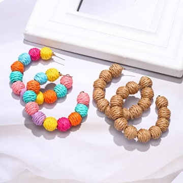 ARATLENCH Rattan Woven Dangling Earrings Handmade Straw Dangle Drop Earrings Boho Summer Beach Statement Circle Ball Hoop Earrings for Women (colorful brown rattan hoop earrings)