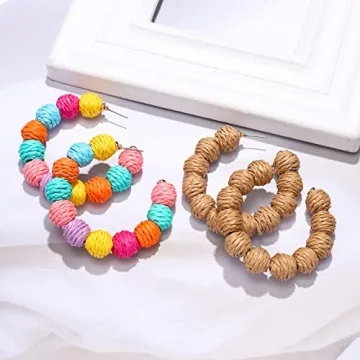 ARATLENCH Rattan Woven Dangling Earrings Handmade Straw Dangle Drop Earrings Boho Summer Beach Statement Circle Ball Hoop Earrings for Women (colorful brown rattan hoop earrings)
