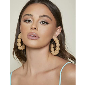 ARATLENCH Rattan Woven Dangling Earrings Handmade Straw Dangle Drop Earrings Boho Summer Beach Statement Circle Ball Hoop Earrings for Women (colorful brown rattan hoop earrings)